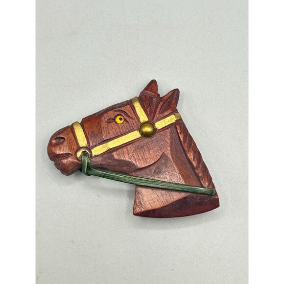 Vintage Wooden Horse Head Brooch Pin Hand Carved Collectible Animal Jewelry - Picture 2 of 7